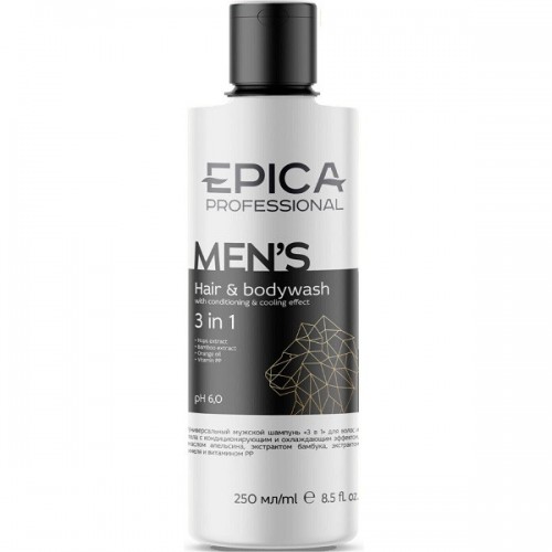 EPICA "MEN'S 3 in 1", Мужской гель для душа, шампунь и кондиционер с охлаждающим эффктом и маслом апельсина, 250 мл