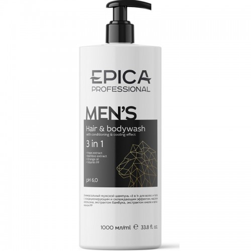 EPICA "MEN'S 3 in 1", Мужской гель для душа, шампунь и кондиционер с охлаждающим эффктом и маслом апельсина, 1000 мл